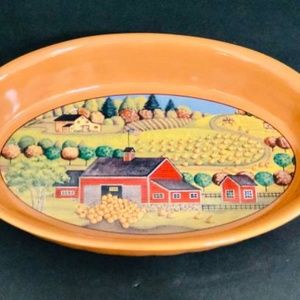 NEW Russ Hallmark Barn Harvest Pumpkin Baking Dish / Folk Art Country Farm Scene